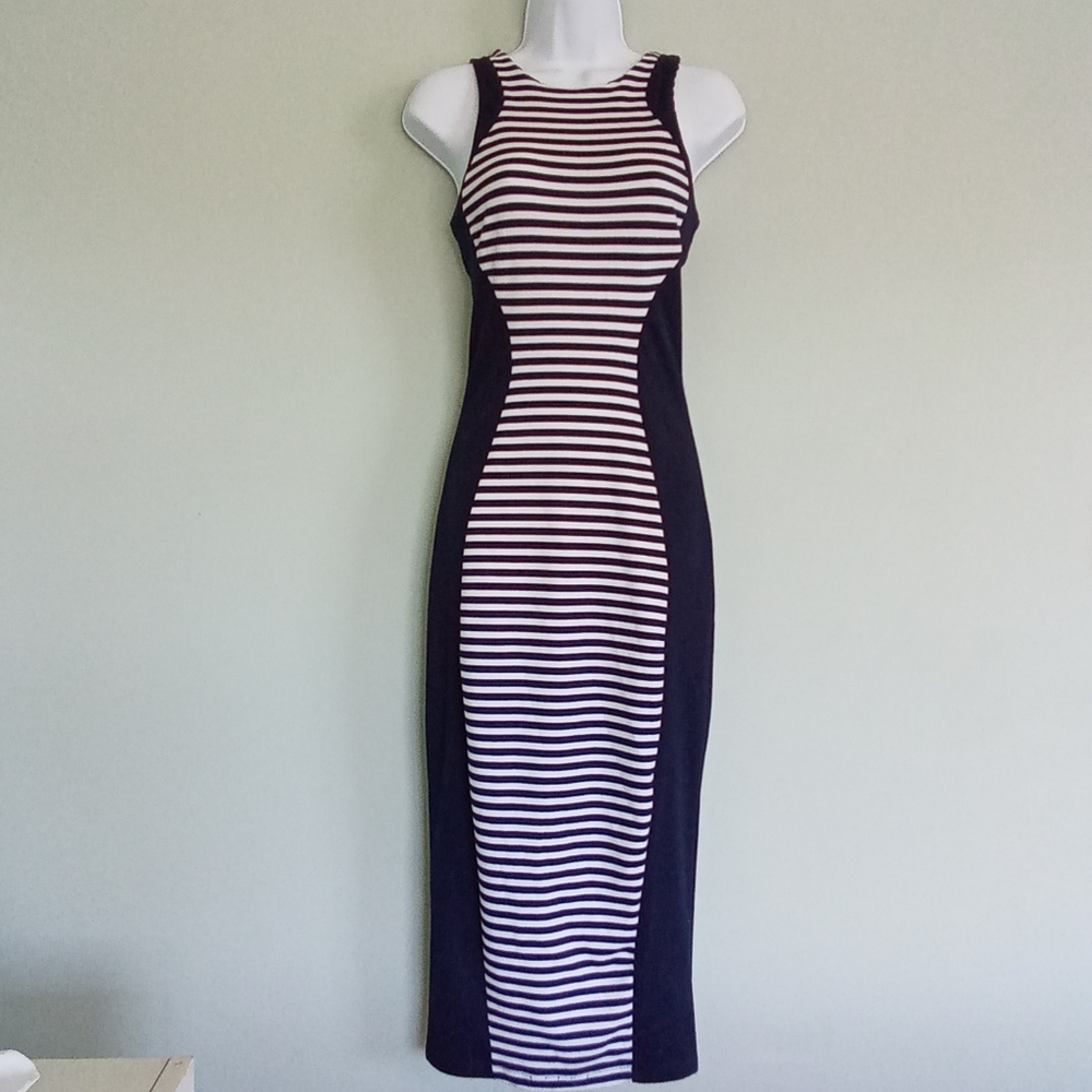 Navy striped ankle length bodycon dress